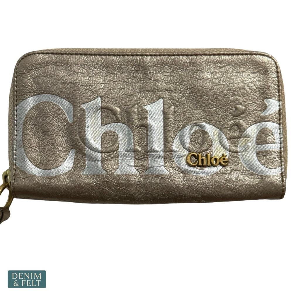 Chloé Logo Zip Around Wallet Metallic Gold Statement Luxe Designer Organizer